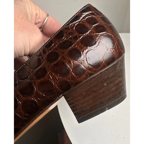 Vtg 90’s Salvatore Ferragamo Brown Calf Croc Leather Gold Bow Vara Shoes Sz 8 B - Picture 4 of 16